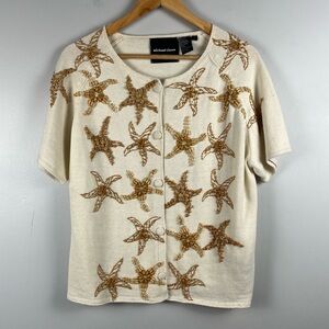 Michael Simon Cotton Blend Short Sleeve Beaded Sea Star Cardigan large